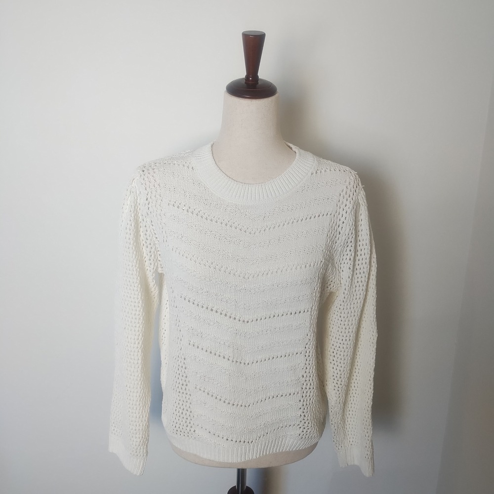 C&C California Pointelle Knit Sweater Women's Medium White Boho Coastal